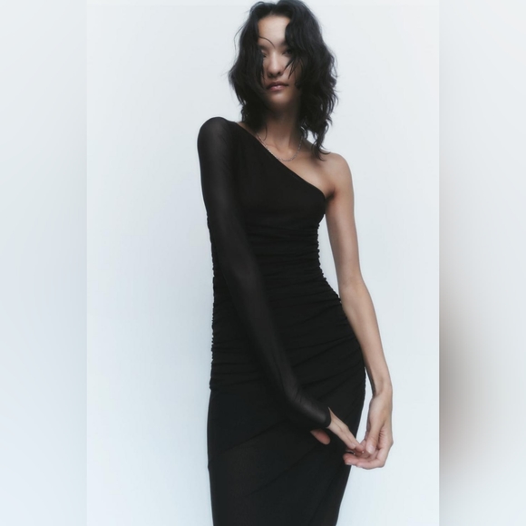 Zara Draped Assymetric Dress Black Size S small 0085 NWT One Shoulder - Picture 7 of 10